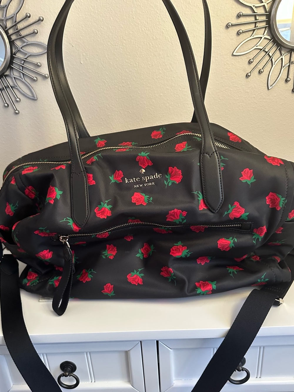 kate spade black travel duffel with red rose print - Picture 9 of 10